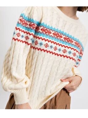 Easel Cream Cable-Knit Sweater with Red & Blue Fair Isle